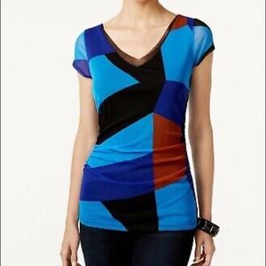 Colorblocked V-Neck Top-Blue/Brown